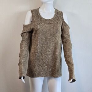 Shelly Moda Xpress Brown Marl Ribbed Cold Shoulder Cut Out Sleeve Top - L - NEW